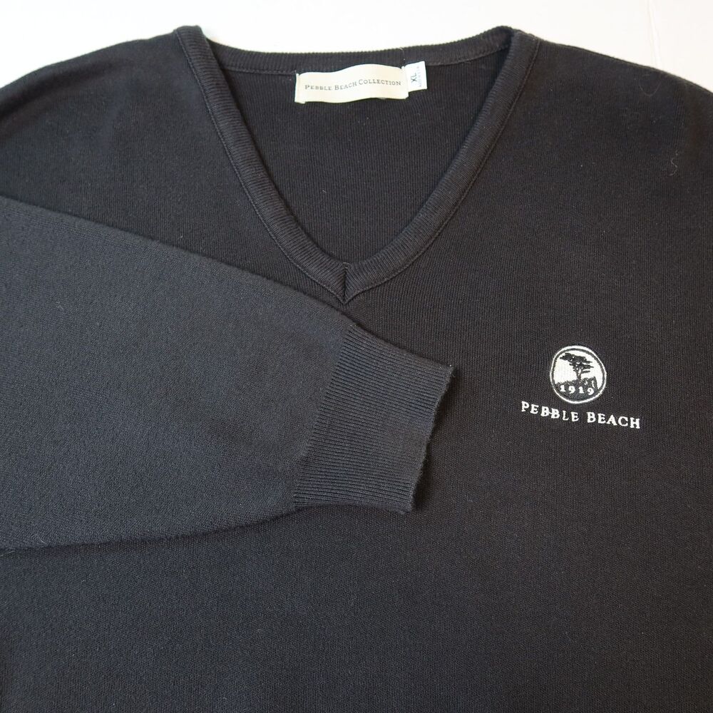 Pebble Beach Men's Black V-Neck Sweater with White Logo